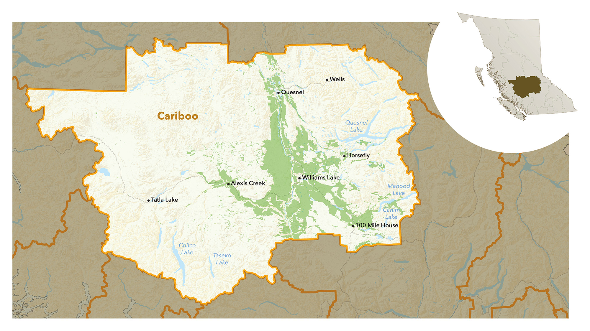 Map of the Cariboo region, with Agricultural Land Reserve shown in green.