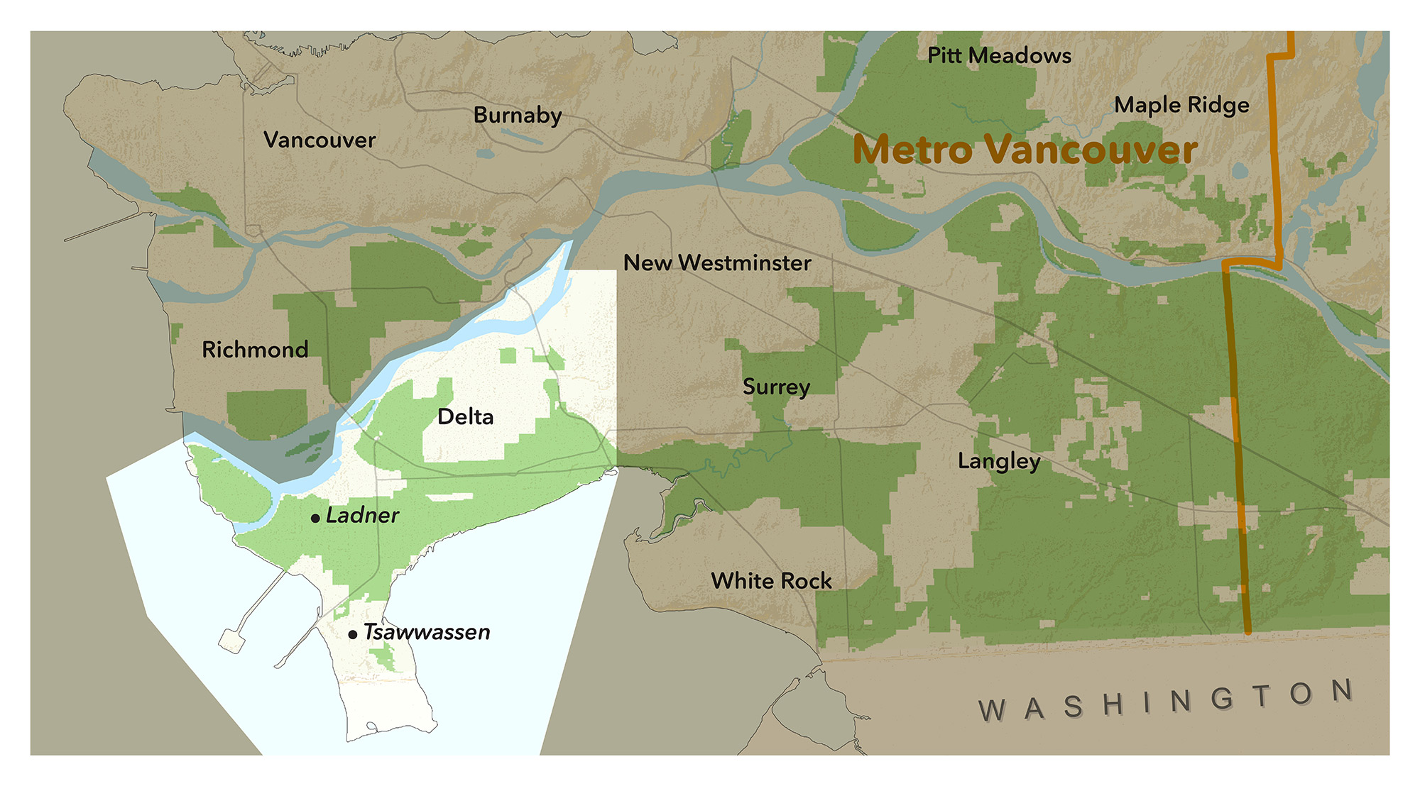 Map of the Delta region, with Agricultural Land Reserve shown in green.